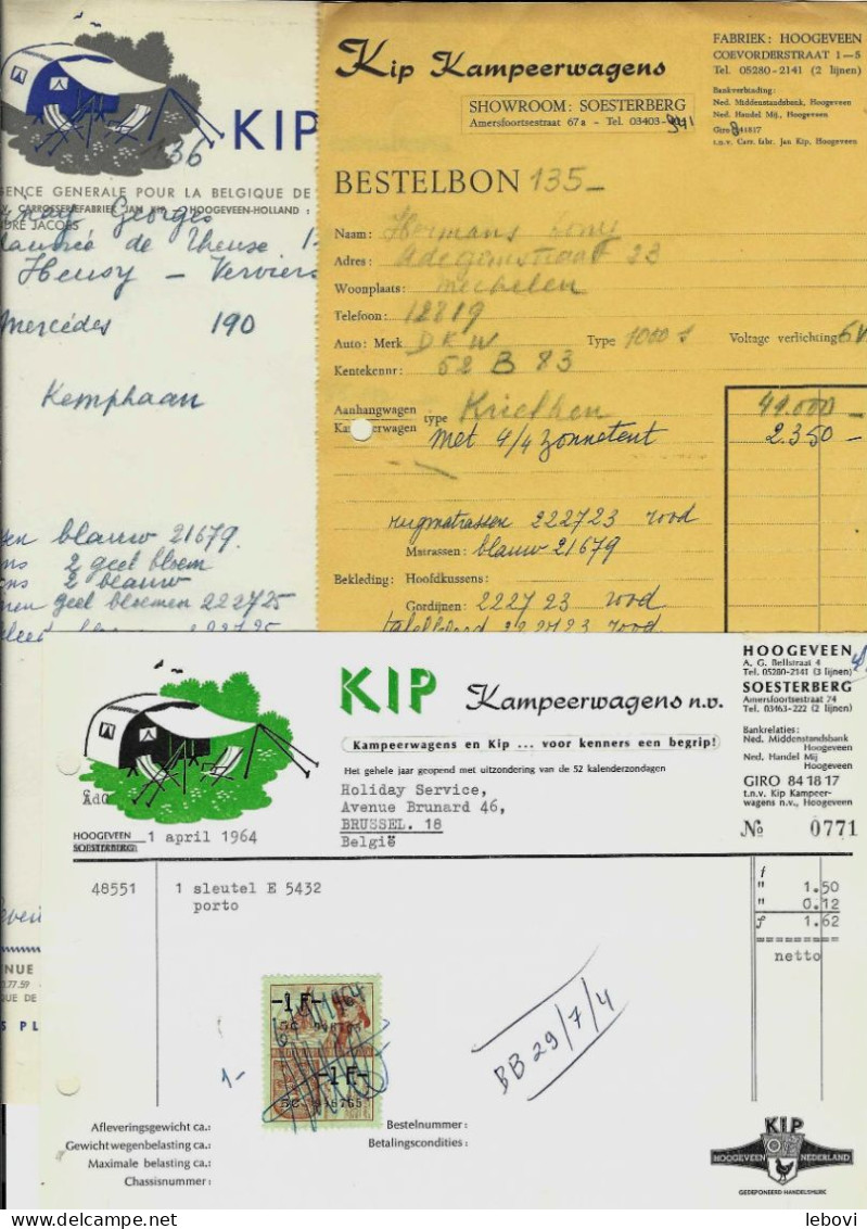 Pays – Bas  - HOOGEVEEN- Ets KIP Kampeerwagens - Lot De 3 Documents Commerciaux(1960 Et 1964) - Nederland