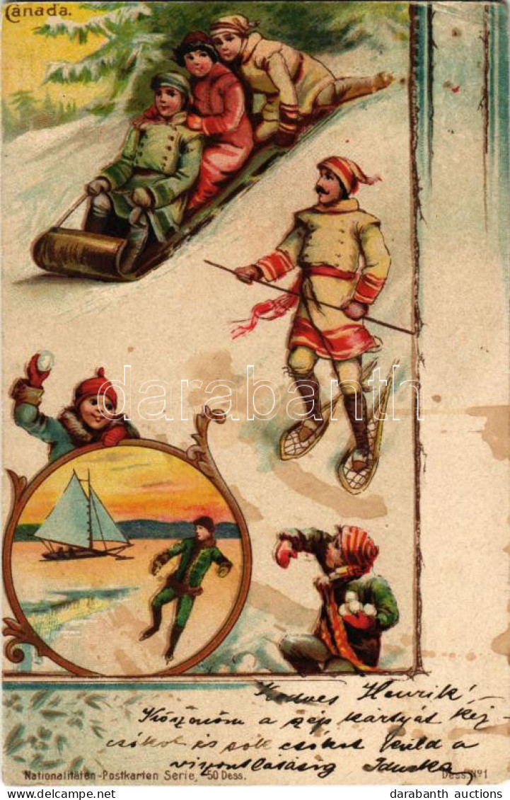 T2/T3 1901 Canada. Winter Sport Art Postcard With Ski, Sledding People, Snowball Fight, Ice Skate, Ice Boating. National - Non Classés