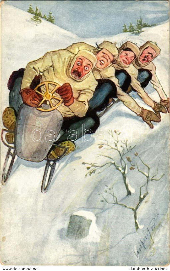 ** T2/T3 Winter Sport Art Postcard With Four-man Controllable Bobsled, Bobsleigh, Sledding Down, Humour. B.K.W.I. 412-4. - Non Classés