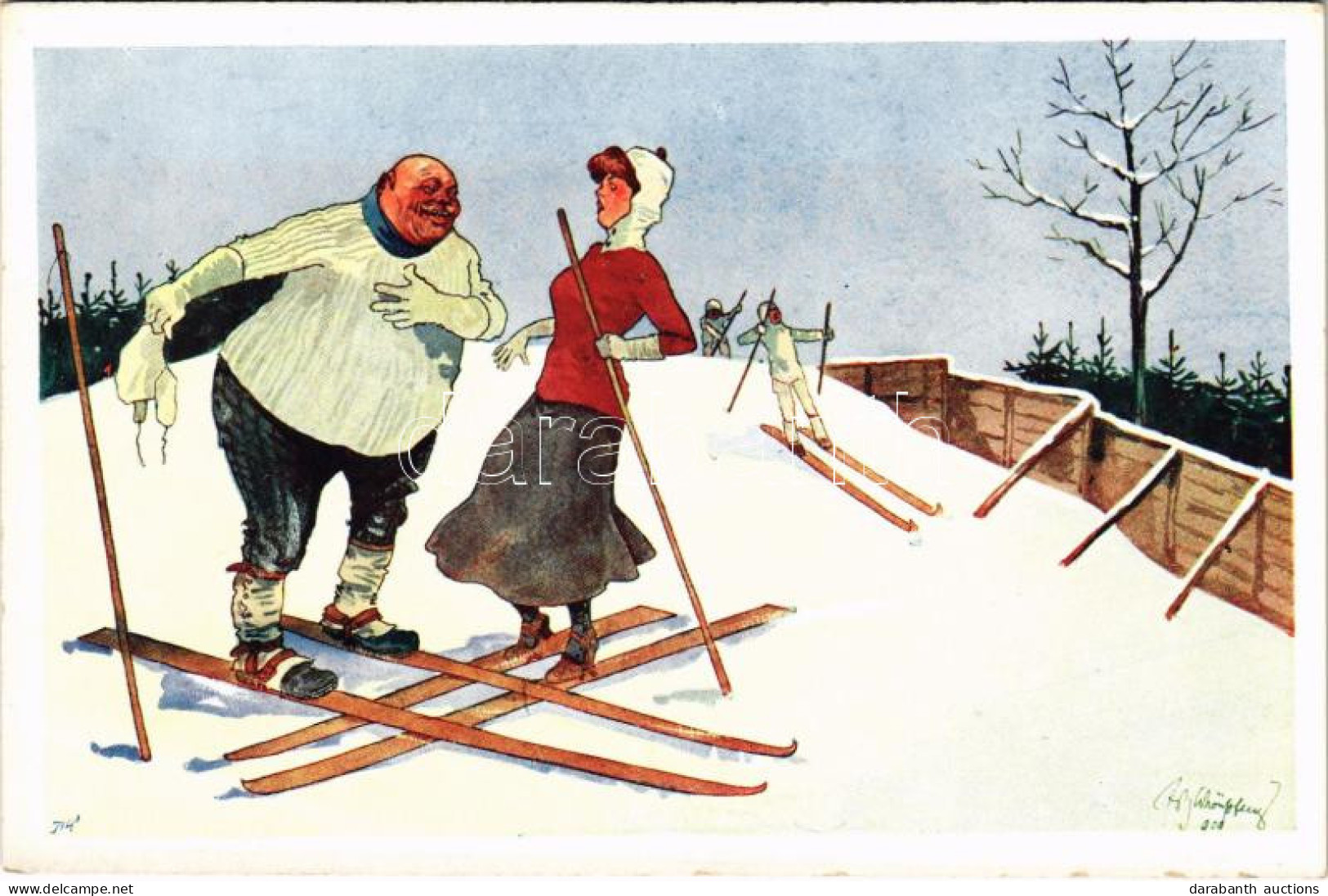 ** T2/T3 Síelő Humor, Téli Sport / Skiing Humour, Winter Sport. B.K.W.I. 560-4. S: Schönpflug - Zonder Classificatie