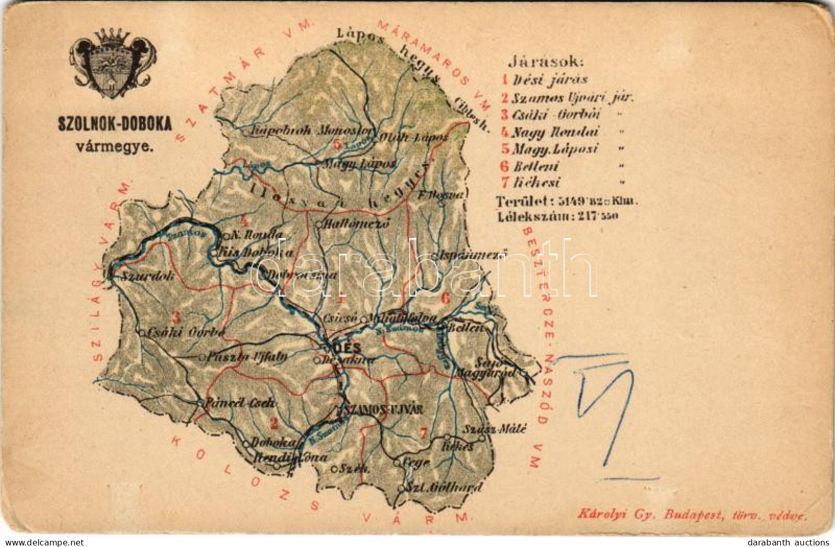 * T2/T3 Szolnok-Doboka Vármegye Térképe. Kiadja Károlyi Gy. / Map Of Solnoc-Dabaca County (EK) - Zonder Classificatie