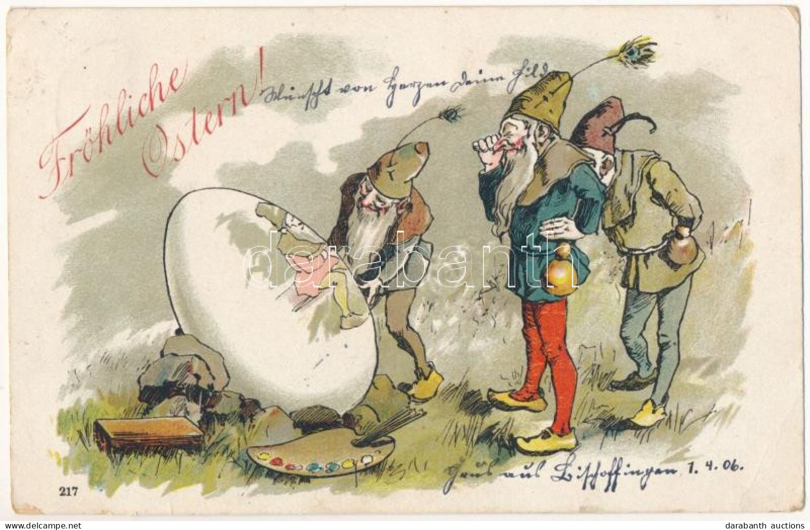 T3 1906 Fröhliche Ostern / Easter Greeting Art Postcard With Painted Egg And Dwarves, Litho (EB) - Non Classés