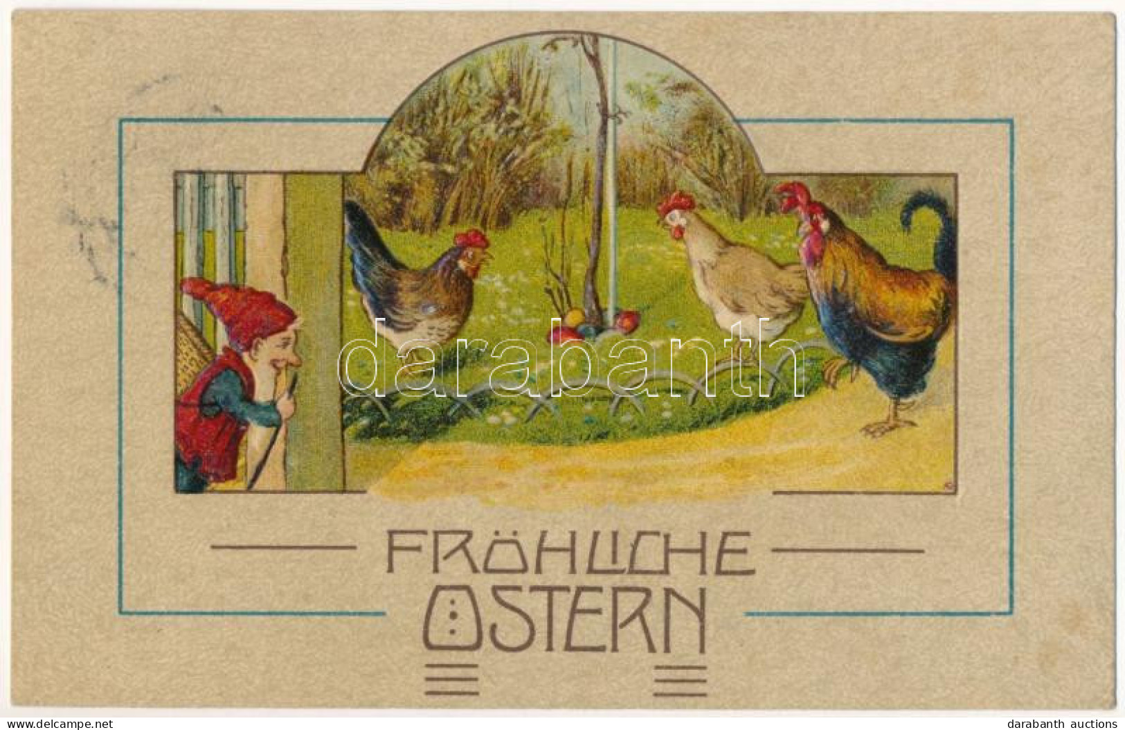 T4 1908 Fröhliche Ostern / Easter Greeting Art Postcard With Dwarf, Chicken And Eggs. Emb. Litho (lyuk / Pinhole) - Zonder Classificatie
