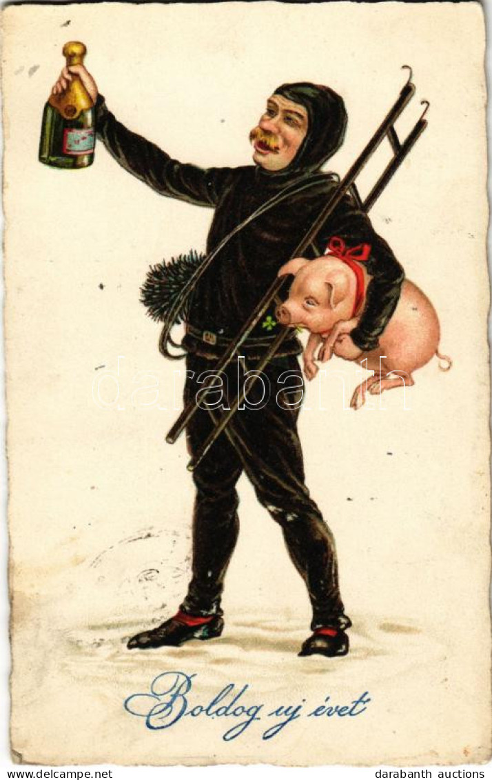 T2/T3 1929 Boldog Újévet / New Year Greeting Art Postcard, Chimney Sweeper With Champagne And Pig. Amag Nr. 2434. (fl) - Ohne Zuordnung
