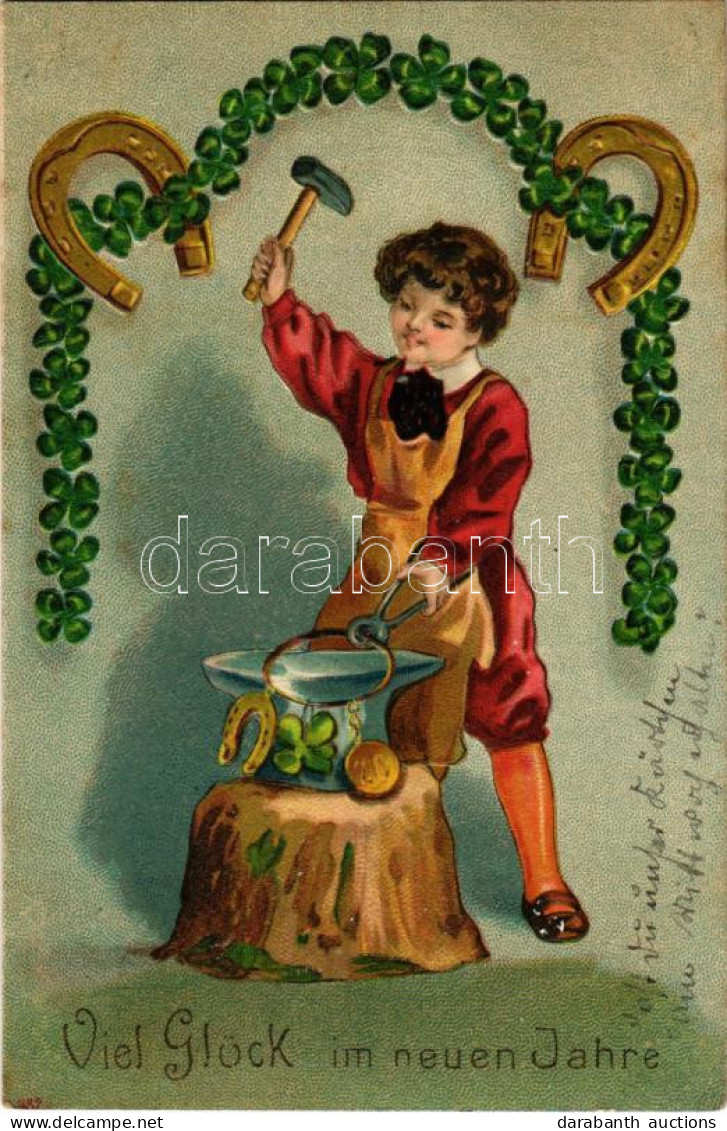 T2/T3 1909 Viel Glück Im Neuen Jahre / New Year Greeting Art Postcard With Horseshoes And Clovers. Emb. Litho (EK) - Unclassified