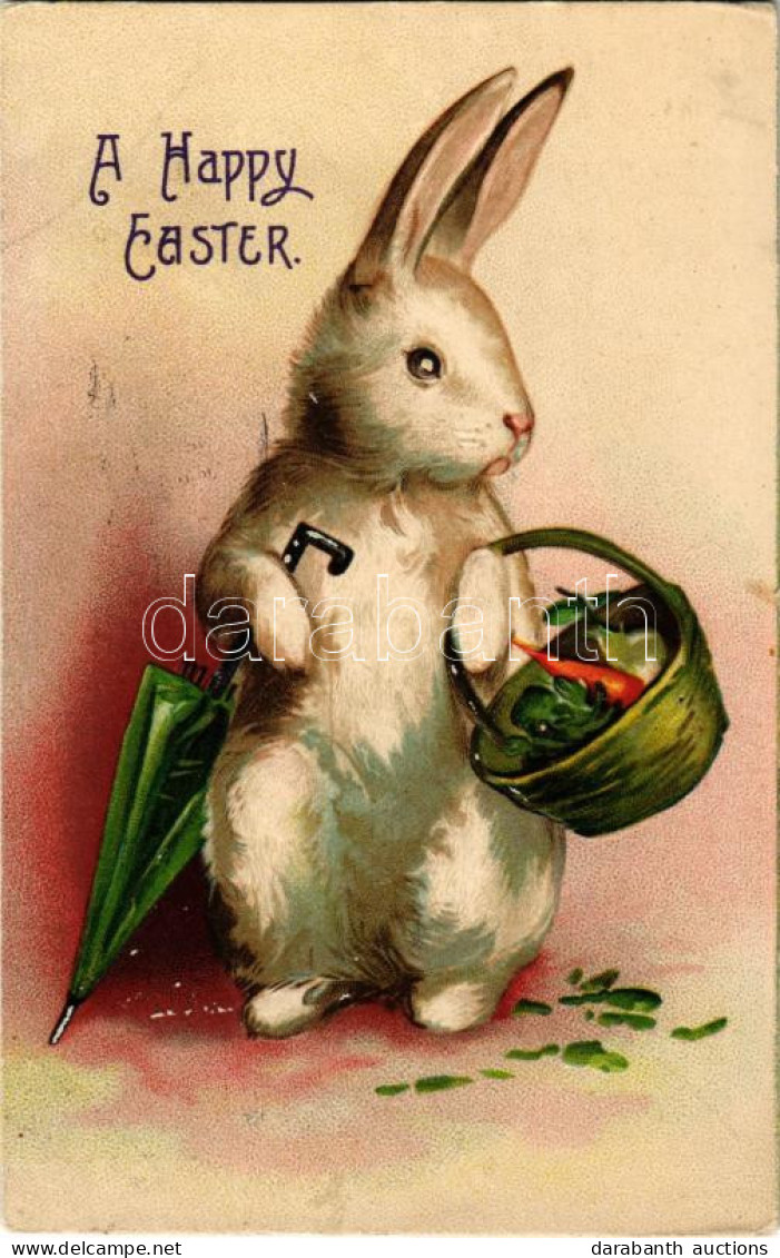 T2/T3 1909 "A Happy Easter" Easter Greeting Art Postcard, Rabbit With Umbrella. Emb. Litho (EK) - Non Classés