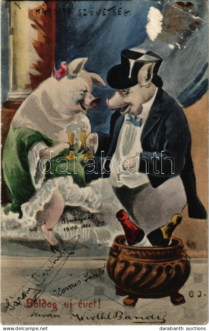 T3 1906 Boldog Újévet! / New Year Greeting Art Postcard With Celebrating Pigs S: C. J. (EB) - Unclassified