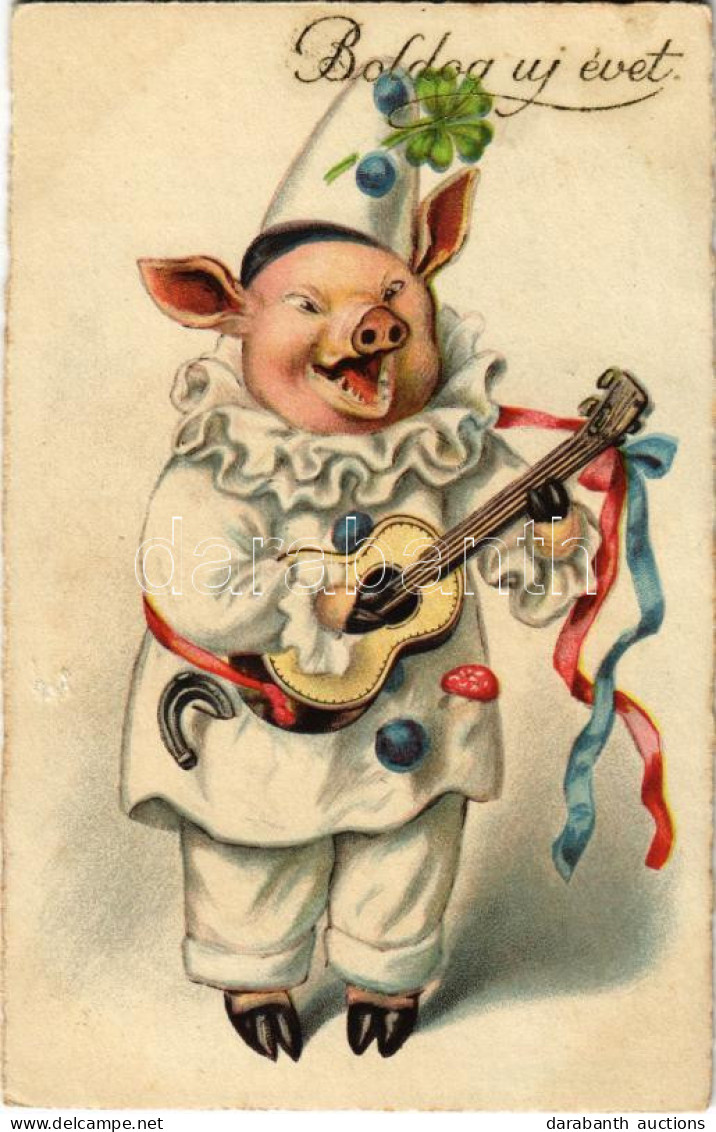 T2/T3 1927 Boldog Újévet! / New Year Greeting Art Postcard With Clown Pig (felületi Sérülés / Surface Damage) - Unclassified