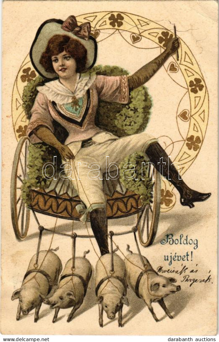 * T2/T3 1907 Boldog Újévet! / New Year Greeting Art Postcard With Lady Riding A Pig-drawn Carriage. Art Nouveau, Floral, - Zonder Classificatie