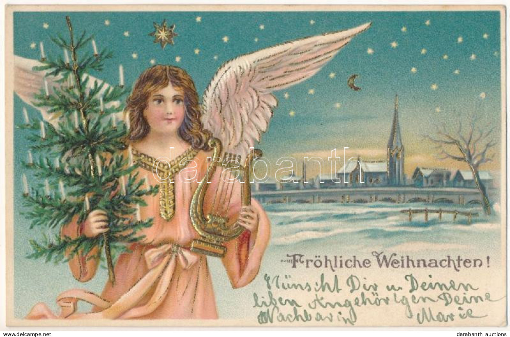 T4 1904 Fröhliche Weihnachten / Christmas Greeting Art Postcard With Angel. Emb. Litho (lyuk / Pinhole) - Ohne Zuordnung