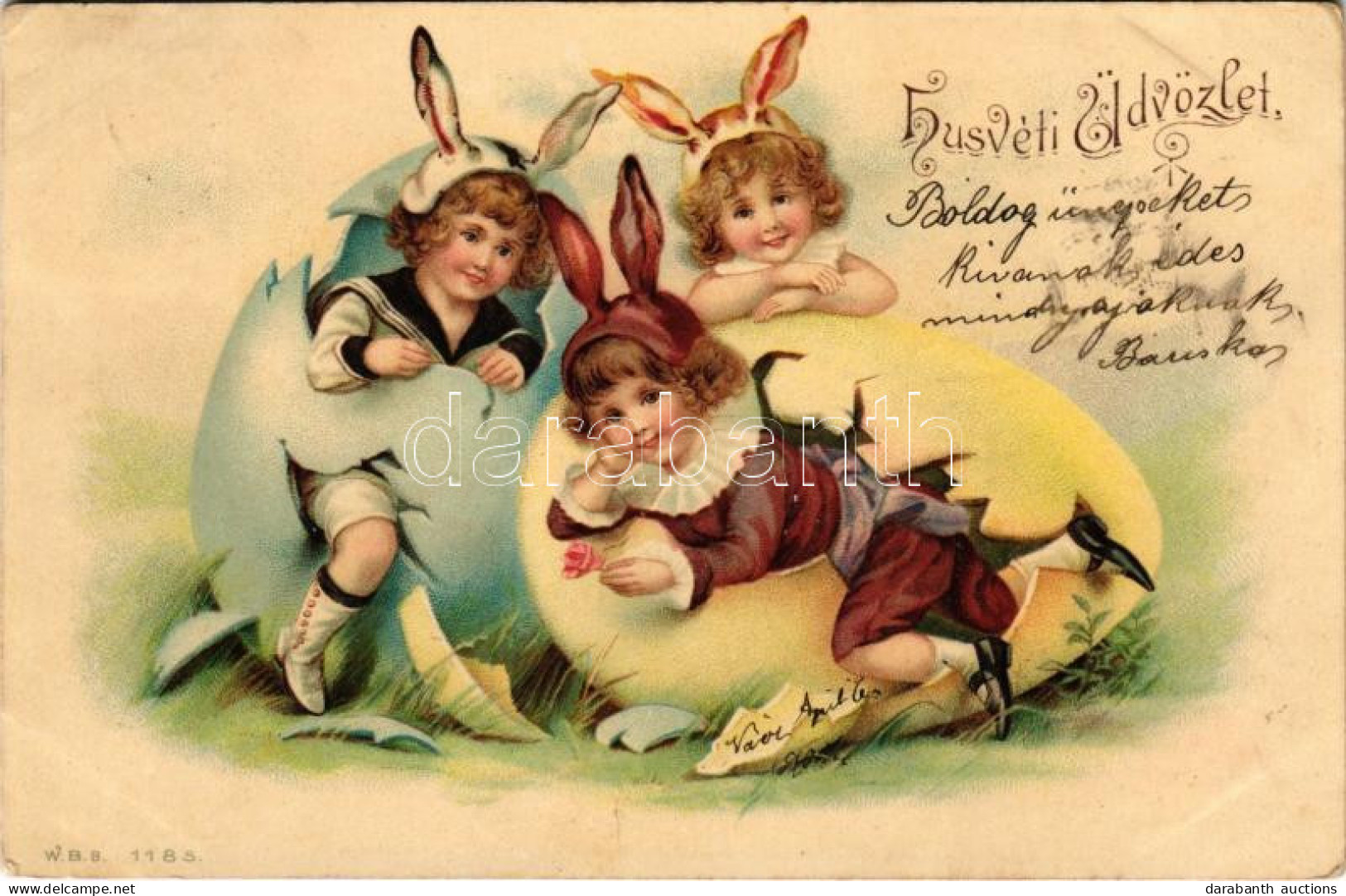 T2/T3 1901 Húsvéti üdvözlet, Kisgyerekek Nyuszi Jelmezben / Easter Greeting, Children In Rabbit Costumes, Litho (EK) - Unclassified