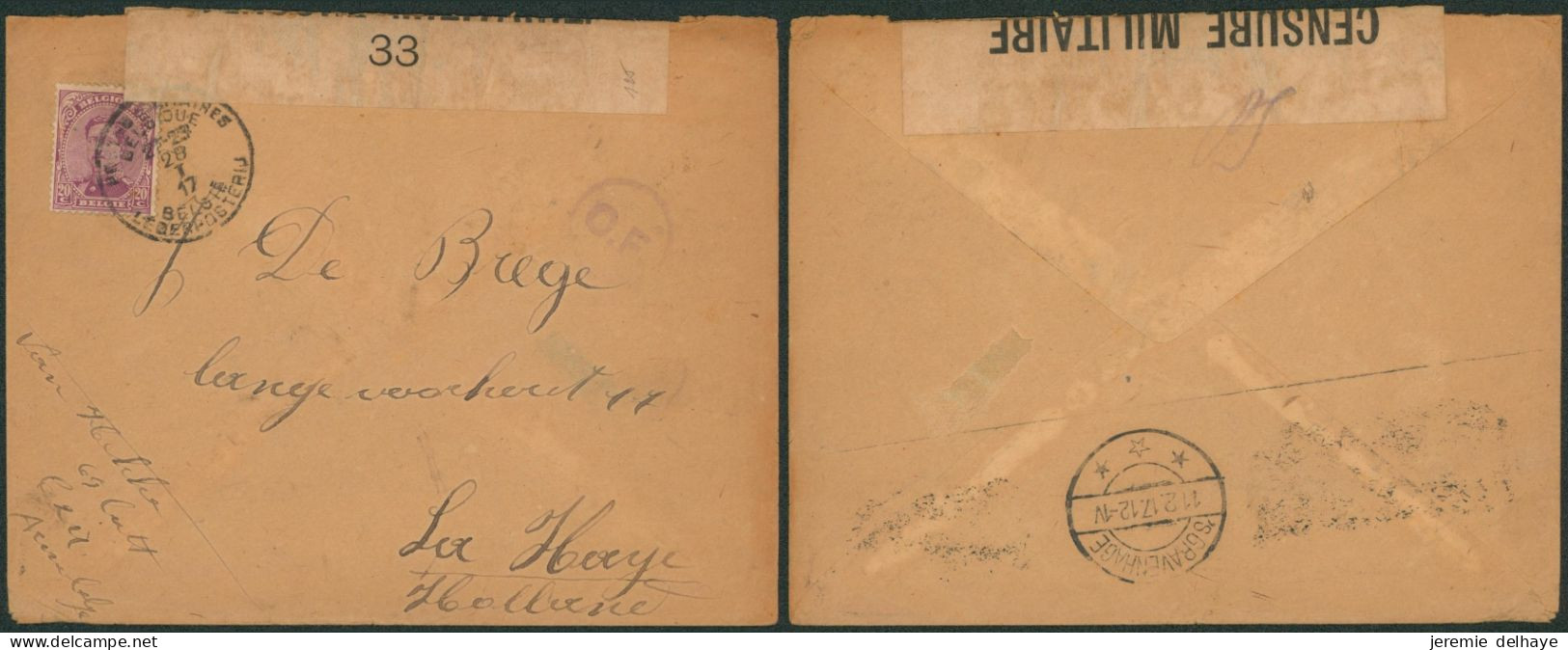 Guerre 14-18 - N°140 Sur Lettre Obl P.M.B. (1917) + Bandelette De Censure 33 , C.F. (folkestone) > La Haye - Army: Belgium