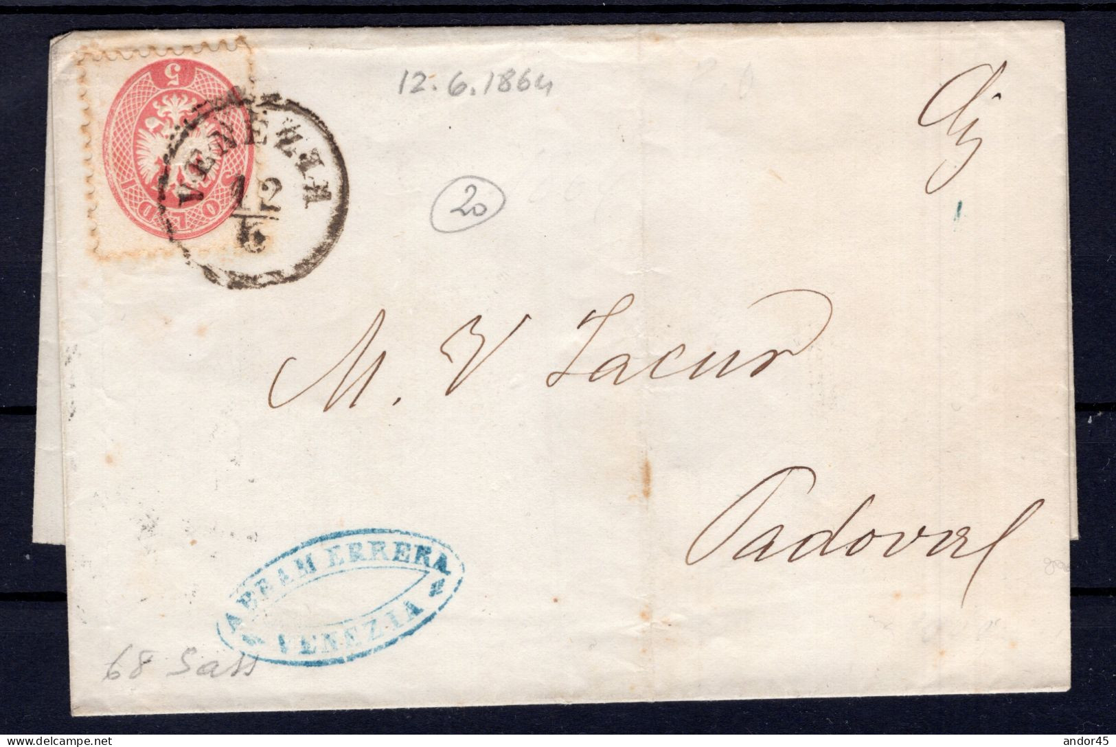 1864 12  GEN  S.5   II°EMISSIONE  SASS.43  USATO  SU LETTERA  DA VENEZIA   X PADOVA  CV 37,50+++ - Lombardije-Venetië