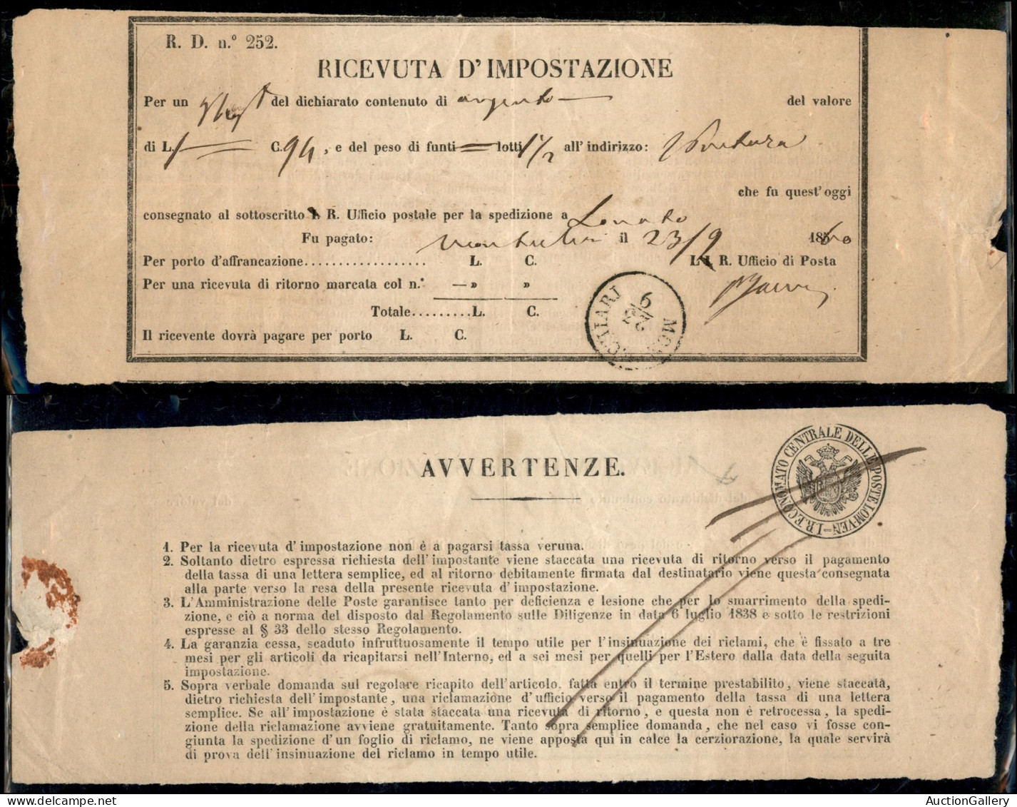 Antichi Stati Italiani - Lombardo Veneto - Territori Italiani D'Austria - Montechiari (23.6.60) - Ricevuta D'Impostazion - Other & Unclassified