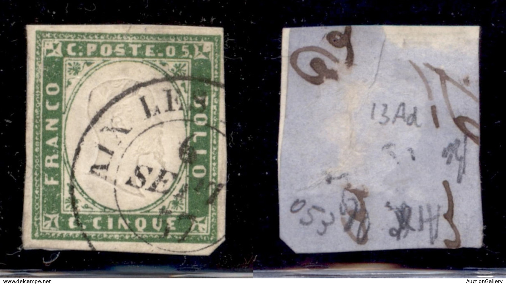 Antichi Stati Italiani - Sardegna - 1857 - 5 Cent (13Ad - Verde Giallo) Usato A Aix (350) - Andere & Zonder Classificatie