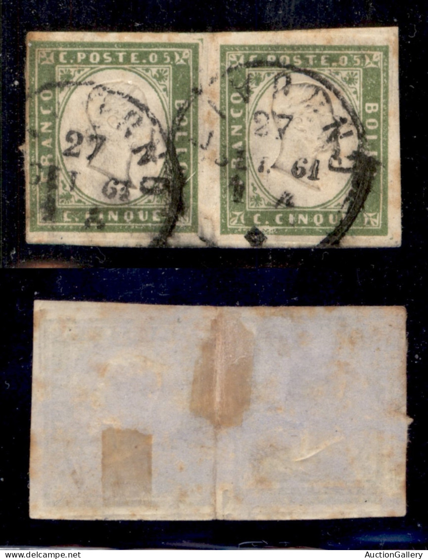 Antichi Stati Italiani - Sardegna - 1861 - 5 Cent (13Ca - Oliva Chiaro) - Coppia Usata A Livorno (500) - Other & Unclassified