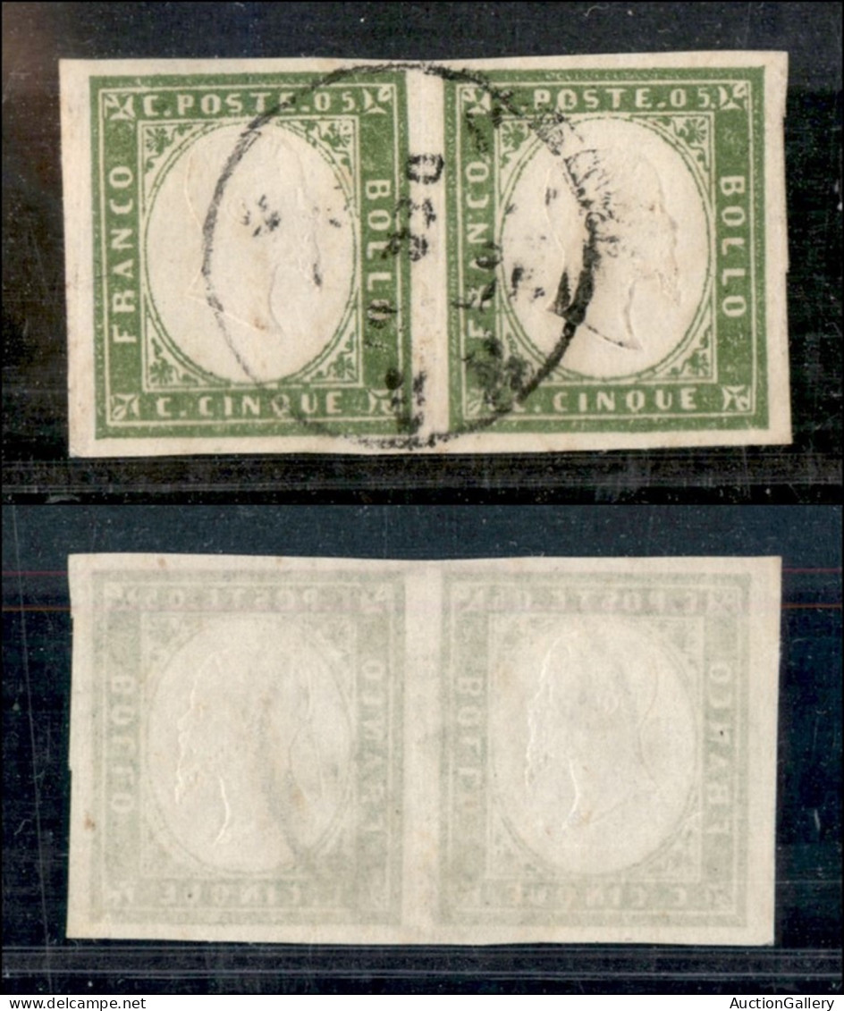 Antichi Stati Italiani - Sardegna - 1861 - 5 Cent (13Cc - Verde Oliva Giallastro) - Coppia Orizzontale Usata - Sonstige & Ohne Zuordnung