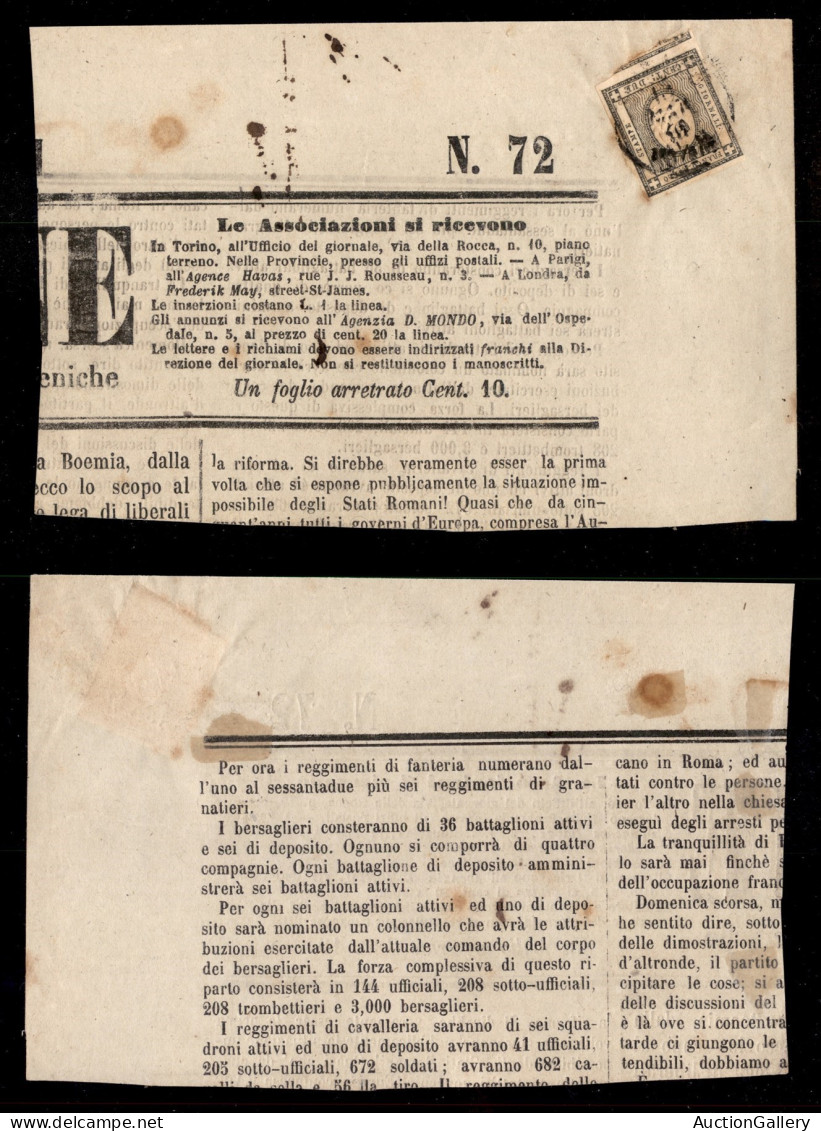 Antichi Stati Italiani - Sardegna - 1861 - 2 Cent (20a - Nero) Usato Su Frammento Di Giornale (475) - Autres & Non Classés