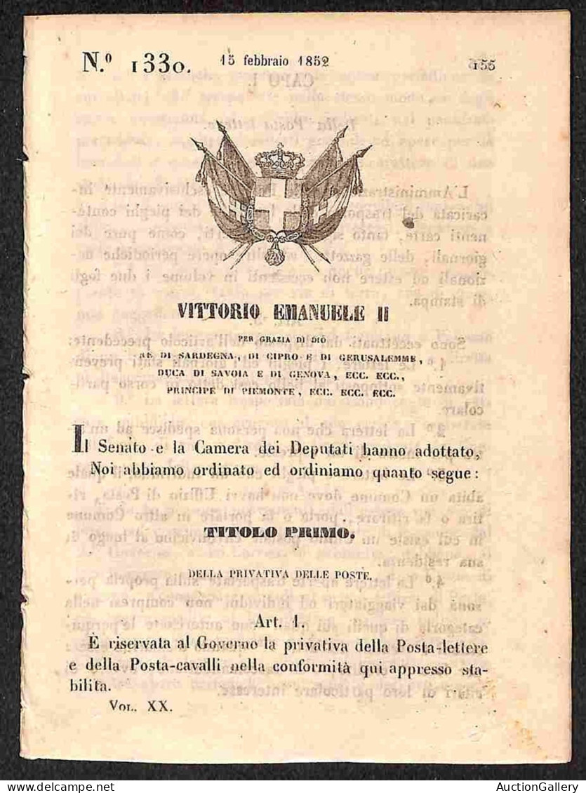 Antichi Stati Italiani - Sardegna - 1852 (15 Febbraio) - Privativa Delle Poste Lettere E Della Posta Cavalli - Decreto 1 - Sonstige & Ohne Zuordnung