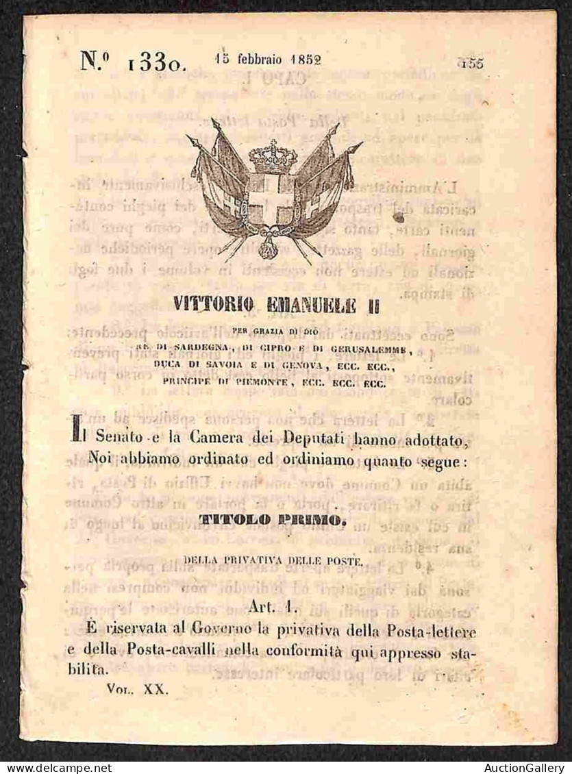 Antichi Stati Italiani - Sardegna - 1852 (15 Febbraio) - Privativa Delle Poste Lettere E Della Posta Cavalli - Decreto 1 - Otros & Sin Clasificación