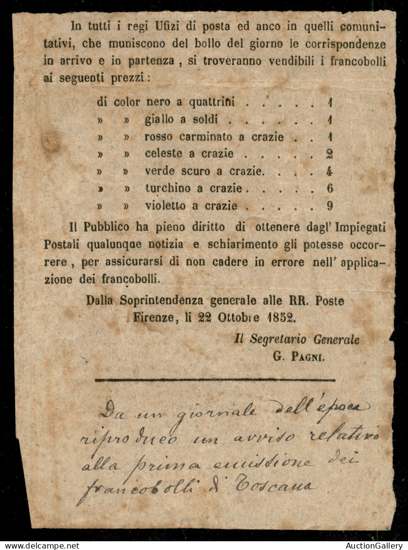 Antichi Stati Italiani - Toscana - Firenze 22 Ottobre 1852 - Ritaglio Di Giornale Con Annuncio Delle RR Poste Sulla Vend - Autres & Non Classés