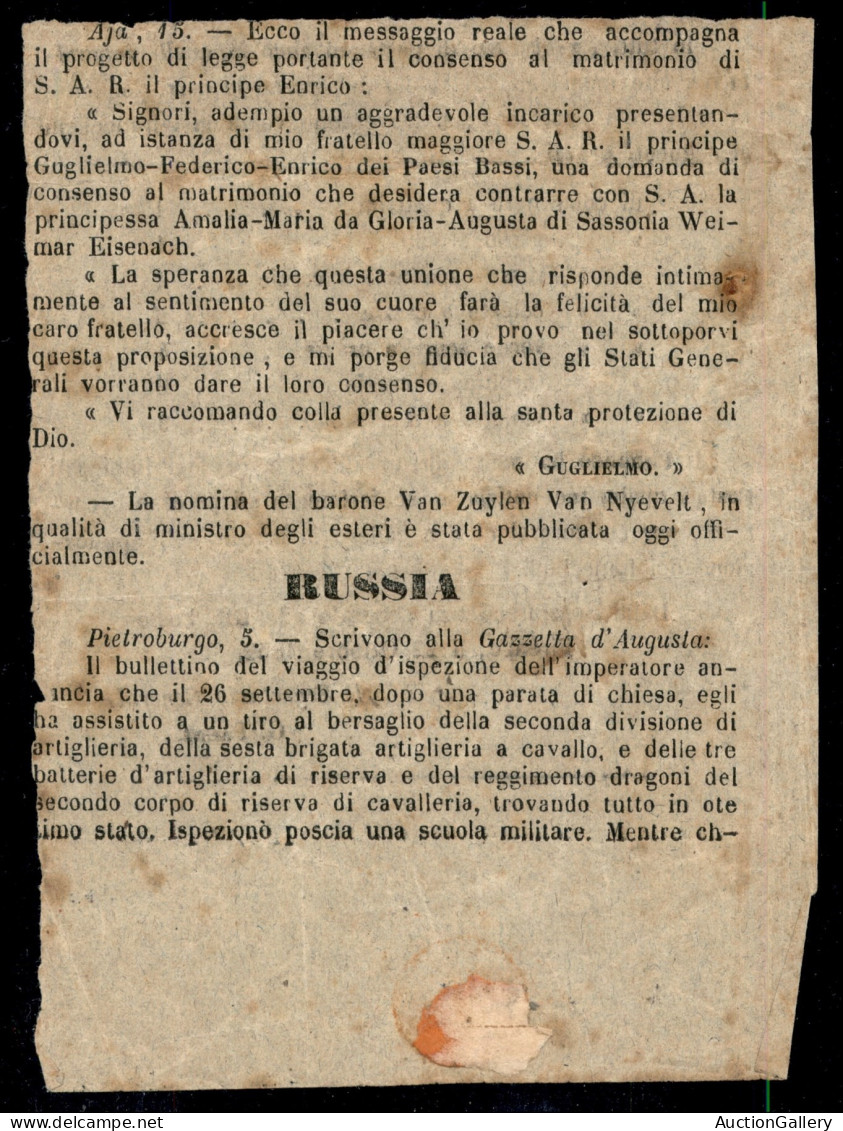 Antichi Stati Italiani - Toscana - Firenze 22 Ottobre 1852 - Ritaglio Di Giornale Con Annuncio Delle RR Poste Sulla Vend - Autres & Non Classés