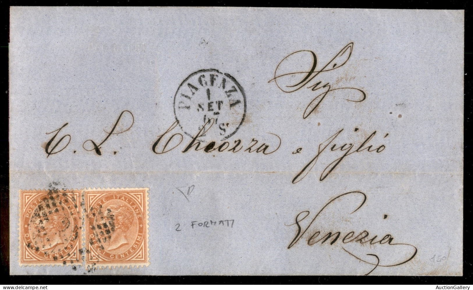 Regno - Vittorio Emanuele II - Lettera Da Piacenza 1.9.67 Affrancata Con Due Esemplari Del 10 Cent (L17) Di Formato Dive - Altri & Non Classificati