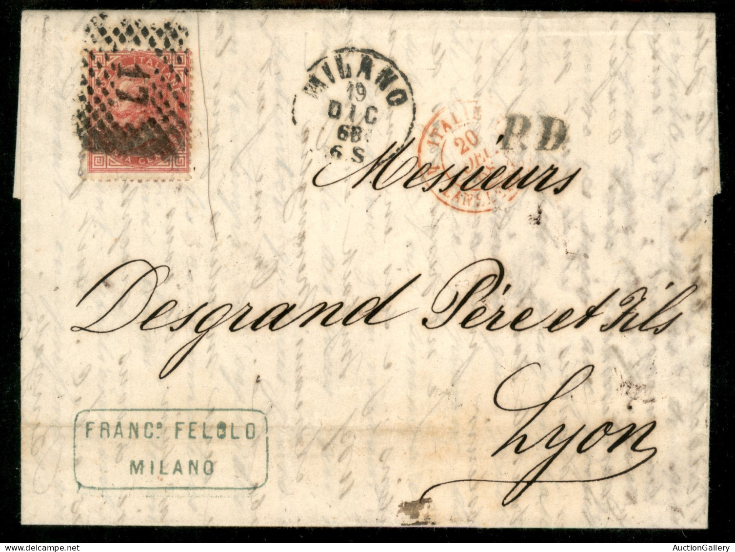 Regno - Vittorio Emanuele II - Lettera Per La Francia Con 40 Cent (T20) Con Numerale 17 Da Milano 19 Dic. 68 Per Lione - Otros & Sin Clasificación