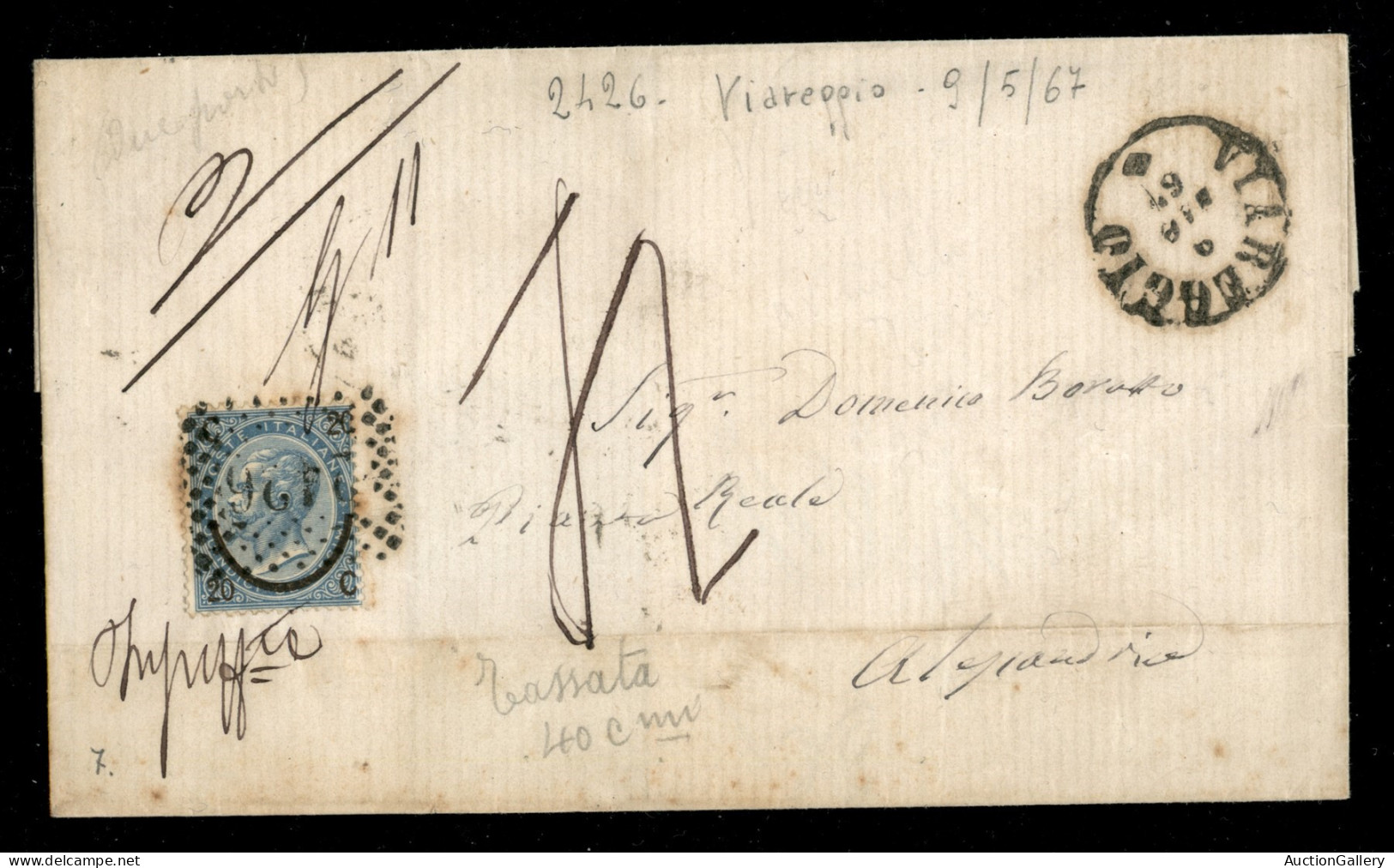 Regno - Vittorio Emanuele II - 20 Cent Ferro Di Cavallo (25) Su Lettera Con Annullo Np.2426 + Viareggio 19 Mg.67 Con Man - Autres & Non Classés