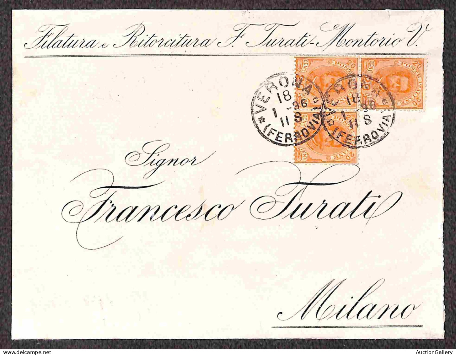 Regno - Umberto I - Due lettere e due frontespizi con 20 cent (61) tra cui un blocco di tre a seggiola e una combinazion