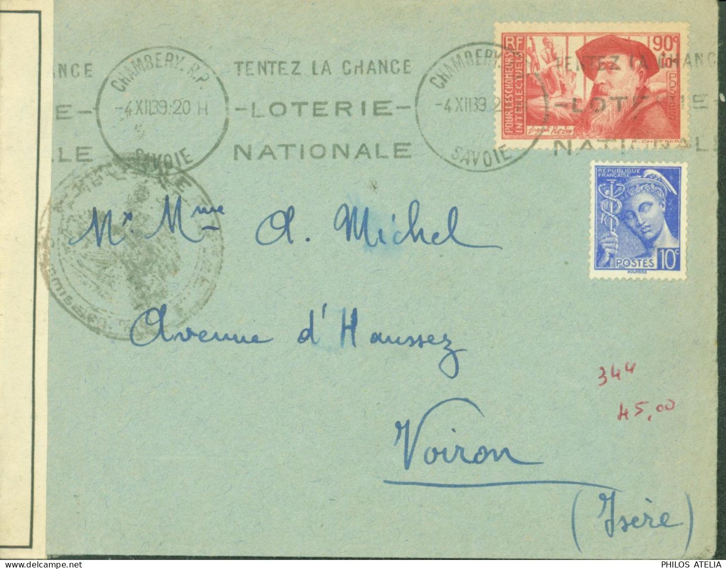Guerre 40 YT N°344 Rodin + Mercure N+407 CAD Chambéry RP Savoie 4 XII 39 Censure Bande + Cachet NB195 Grenoble - Guerra Del 1939-45