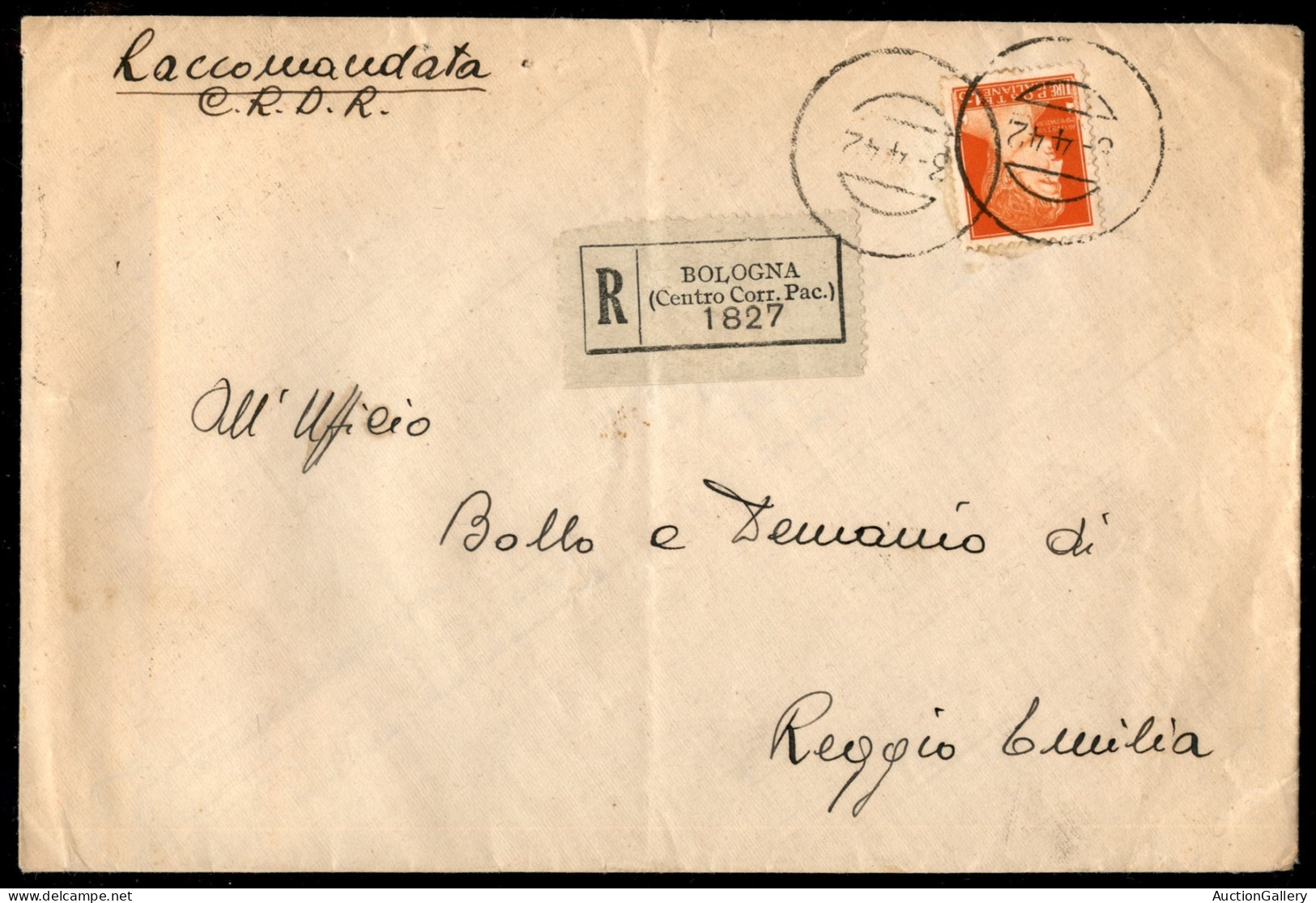 Repubblica - Vittorio Emanuele III - Annullo Muto Tipo Guller 3.4.42 Su Raccomandata Con Imperiale 1,75 Lire  Da Bologna - Sonstige & Ohne Zuordnung