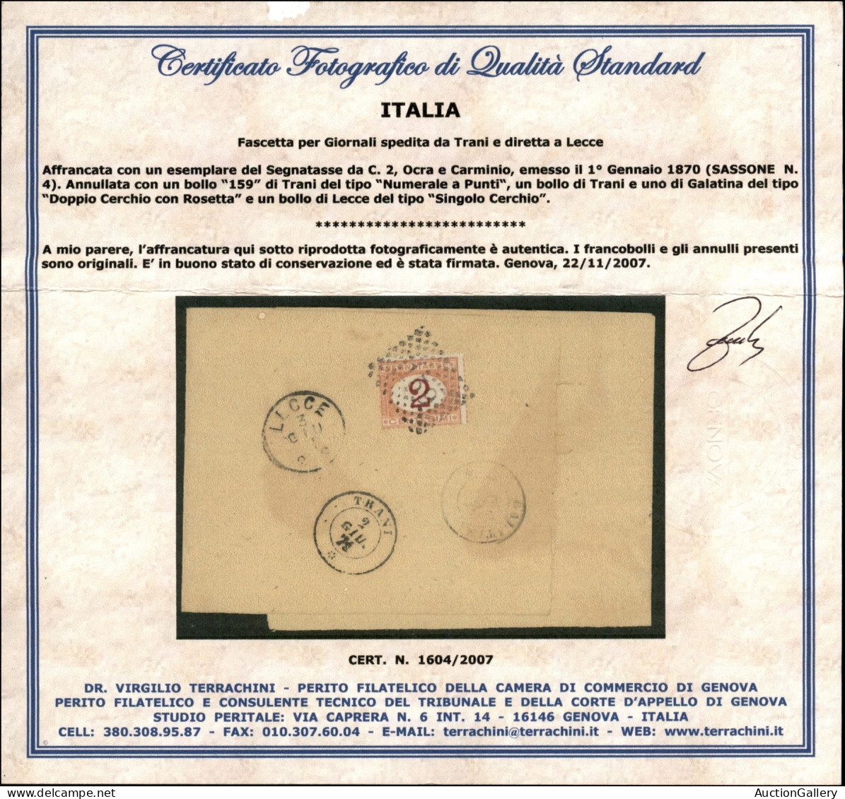 Regno - Segnatasse - Fascetta Per Giornali Affrancata Con 2 Cent Segnatasse (4) Da Trani A Lecce Del 2.6.71 (6000) - Autres & Non Classés