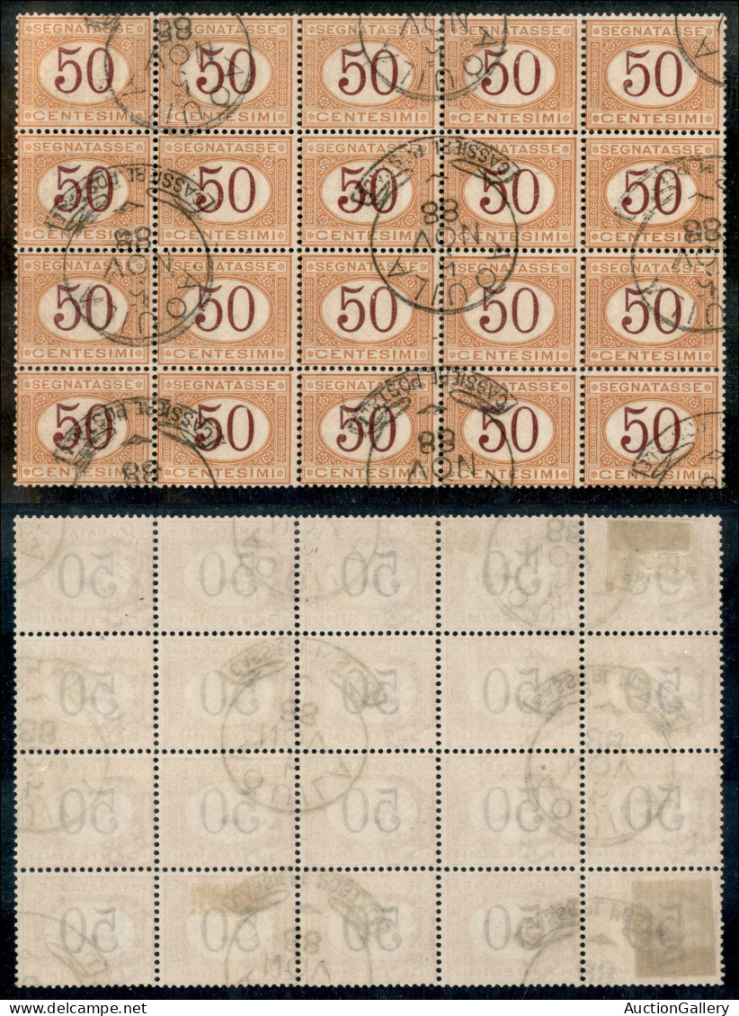 Regno - Segnatasse - 1870 - 50 Cent (9 - Segnatasse) - Blocco Di 20 Usato - Aquila Cassiere Postale 5 Nov. 88 - Raro Ins - Autres & Non Classés