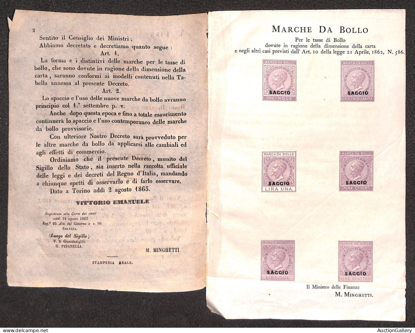 Regno - Marche Da Bollo - 1863 - Marche Da Bollo - Saggi - Decreto 1385 Con Foglietto Minghetti - Andere & Zonder Classificatie