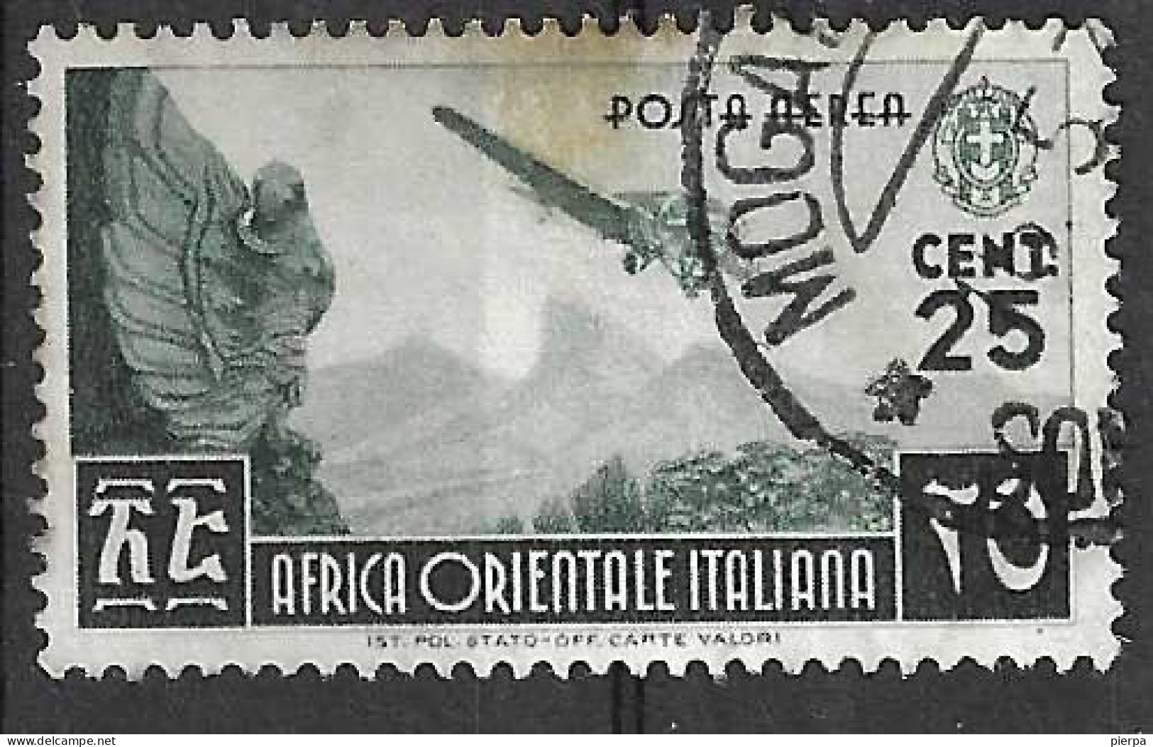 AFRICA ORIENTALE ITALIANA - 1938 - POSTA AEREA  -CENT. 25 - USATO (YVERT AV1- MICHEL 21 - SS A1) - Italian Eastern Africa