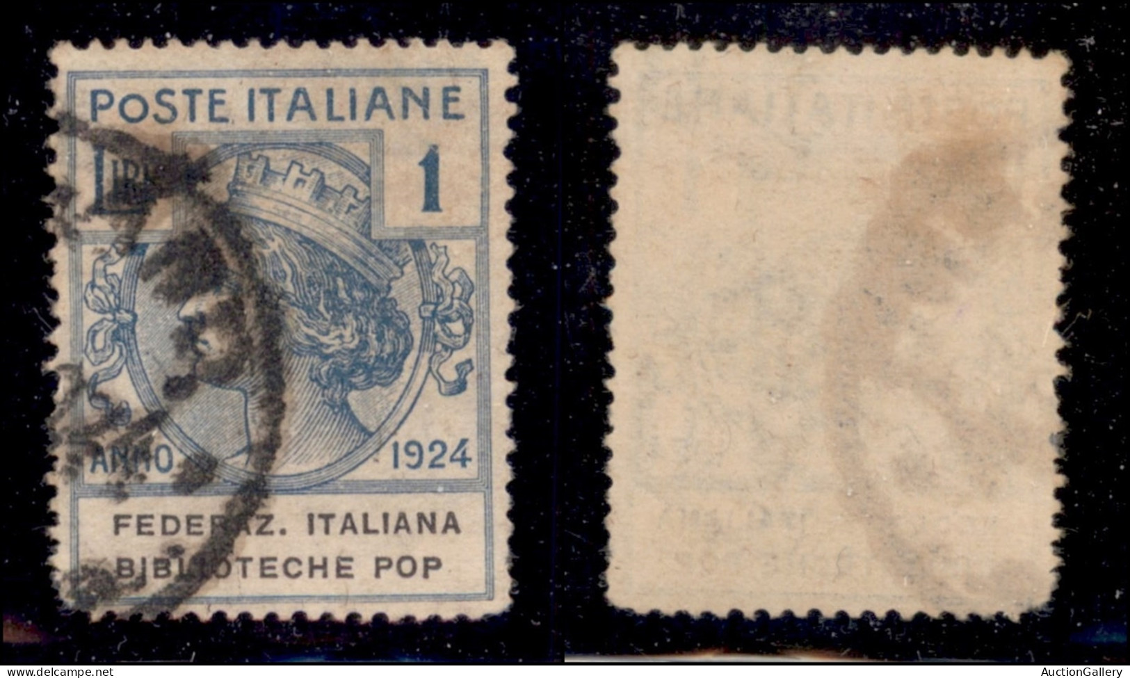 Regno - Parastatali - 1924 - 1 Lira Biblioteche Pop. (37b) Usato - Senza Punto Dopo Pop - Dentellatura Difettosa In Ango - Otros & Sin Clasificación