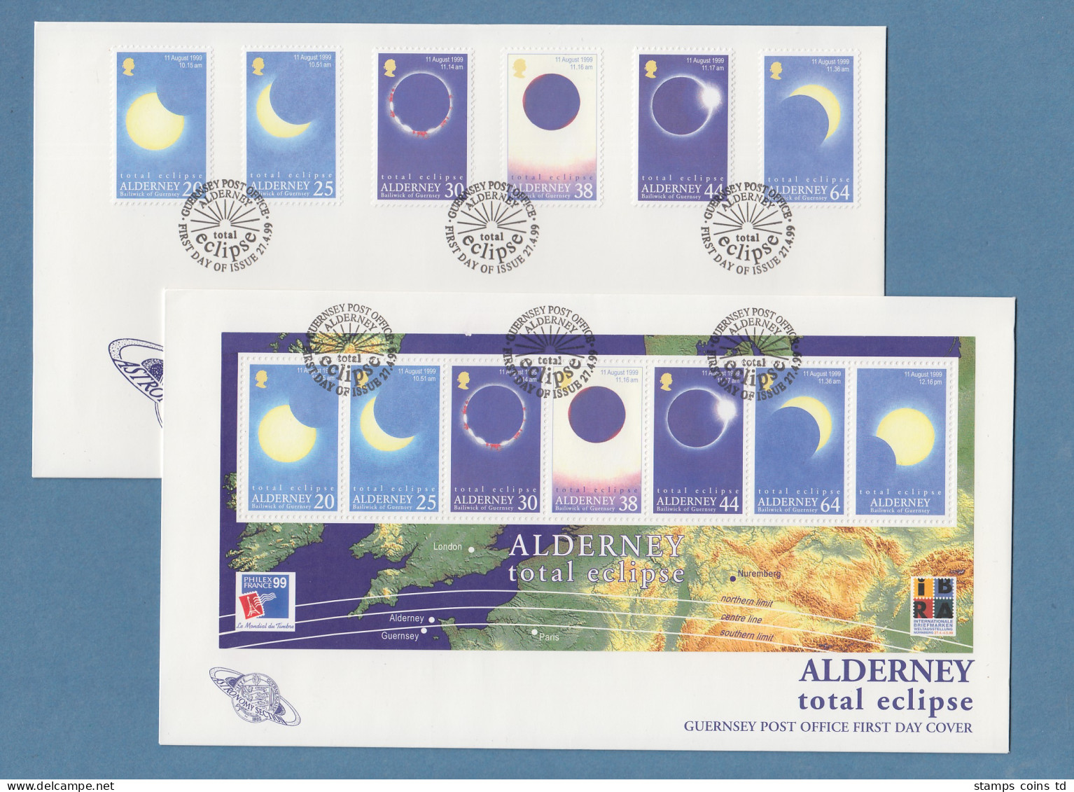 Guernsey-ALDERNEY 1999 Sonnenfinsternis / Solar Eclipse Satz Und Block Auf FDC  - Guernsey