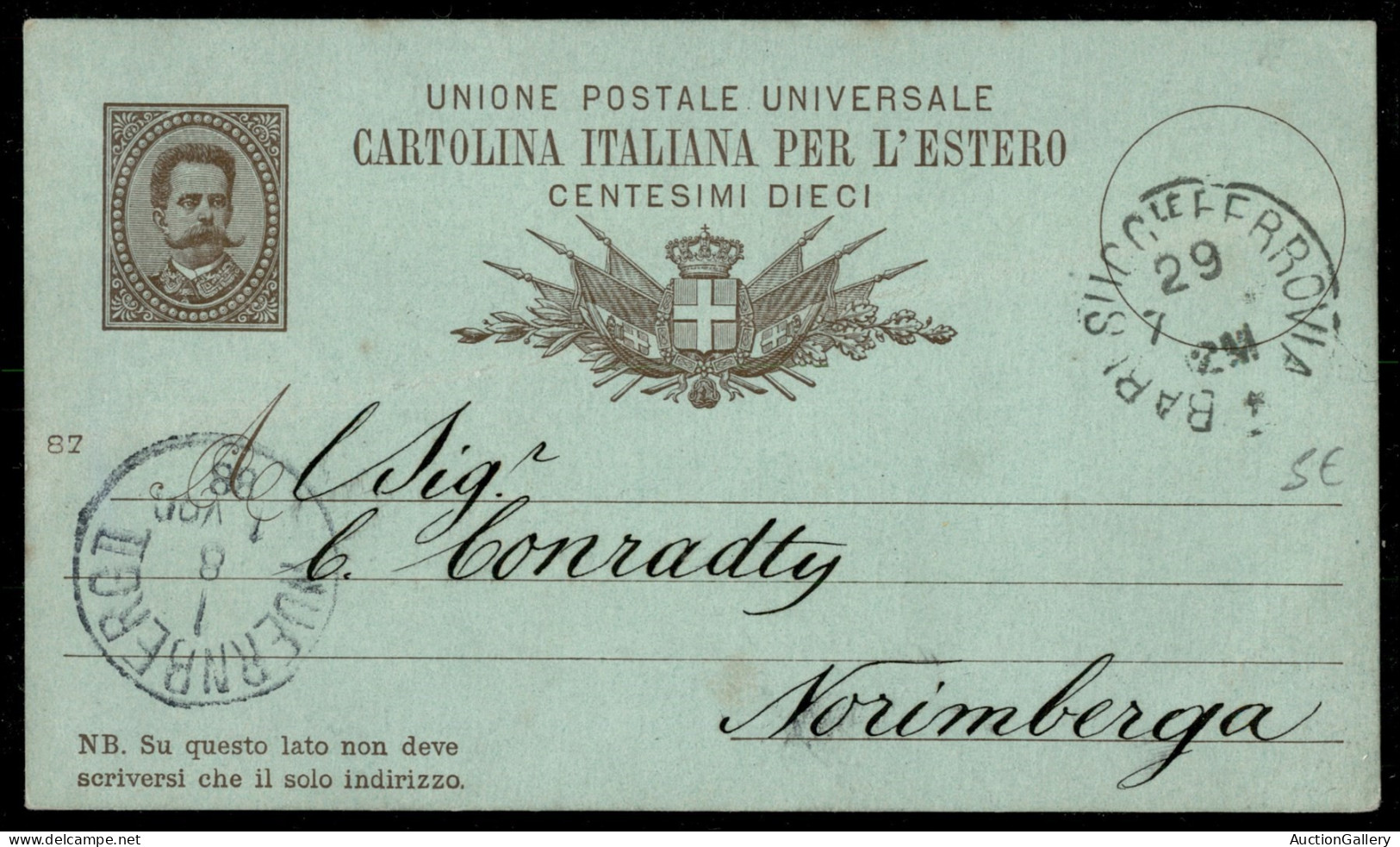 Regno - Interi - Cartolina Postale Per L'estero 10 Cent (C7A) Mill. 87 Da Bari Succ. Ferrovia 29.7.88 Per Norimberga - Autres & Non Classés