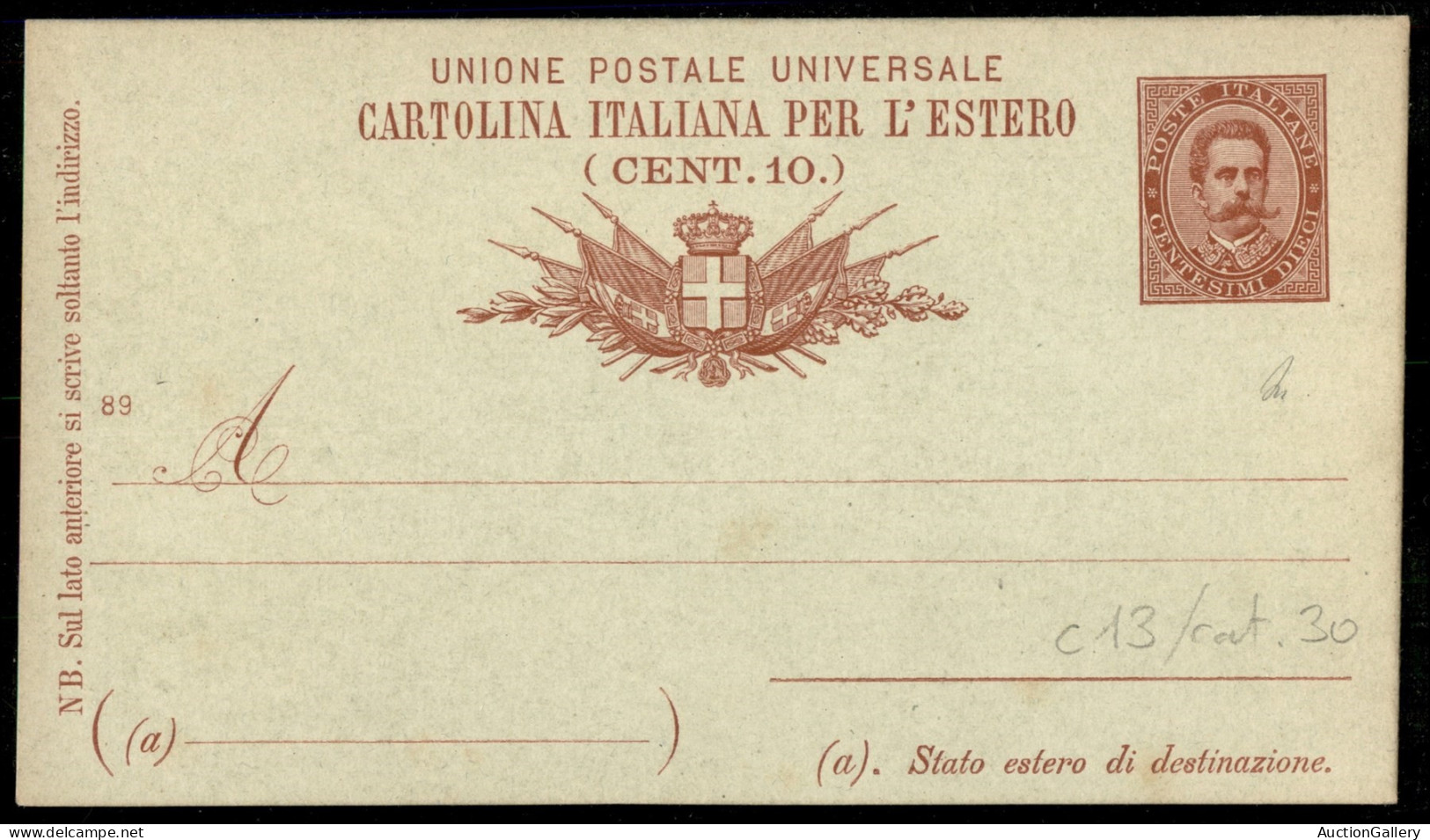 Regno - Interi - Cartolina Postale 10 Cent Mill. 89 Estero (C13) Nuova - Other & Unclassified