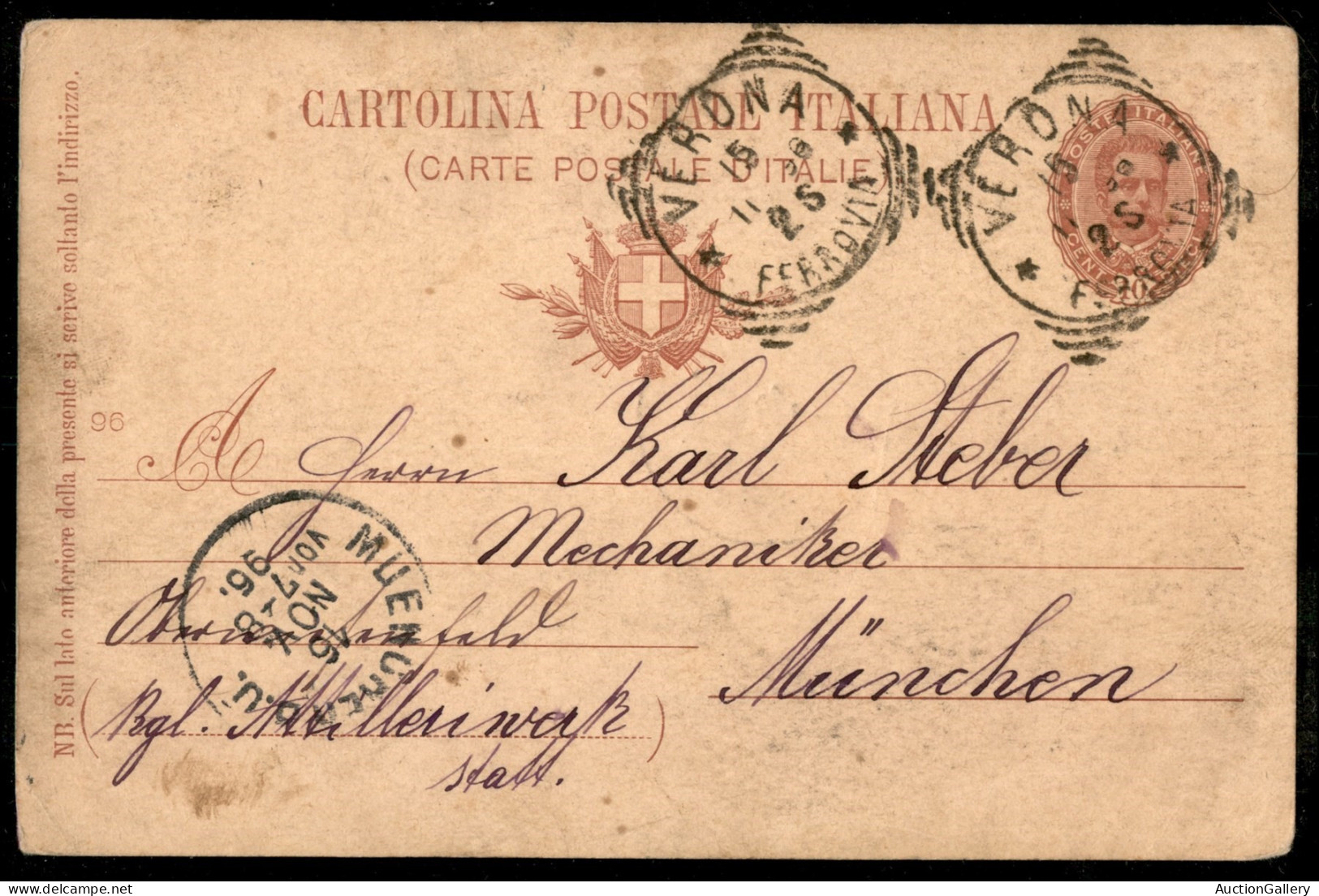 Regno - Interi - Cartolina Postale 10 Cent Effigie Ovale Mill. 96 (C25) Da Verona 16.11.96 Per Monaco Di Baviera - Altri & Non Classificati