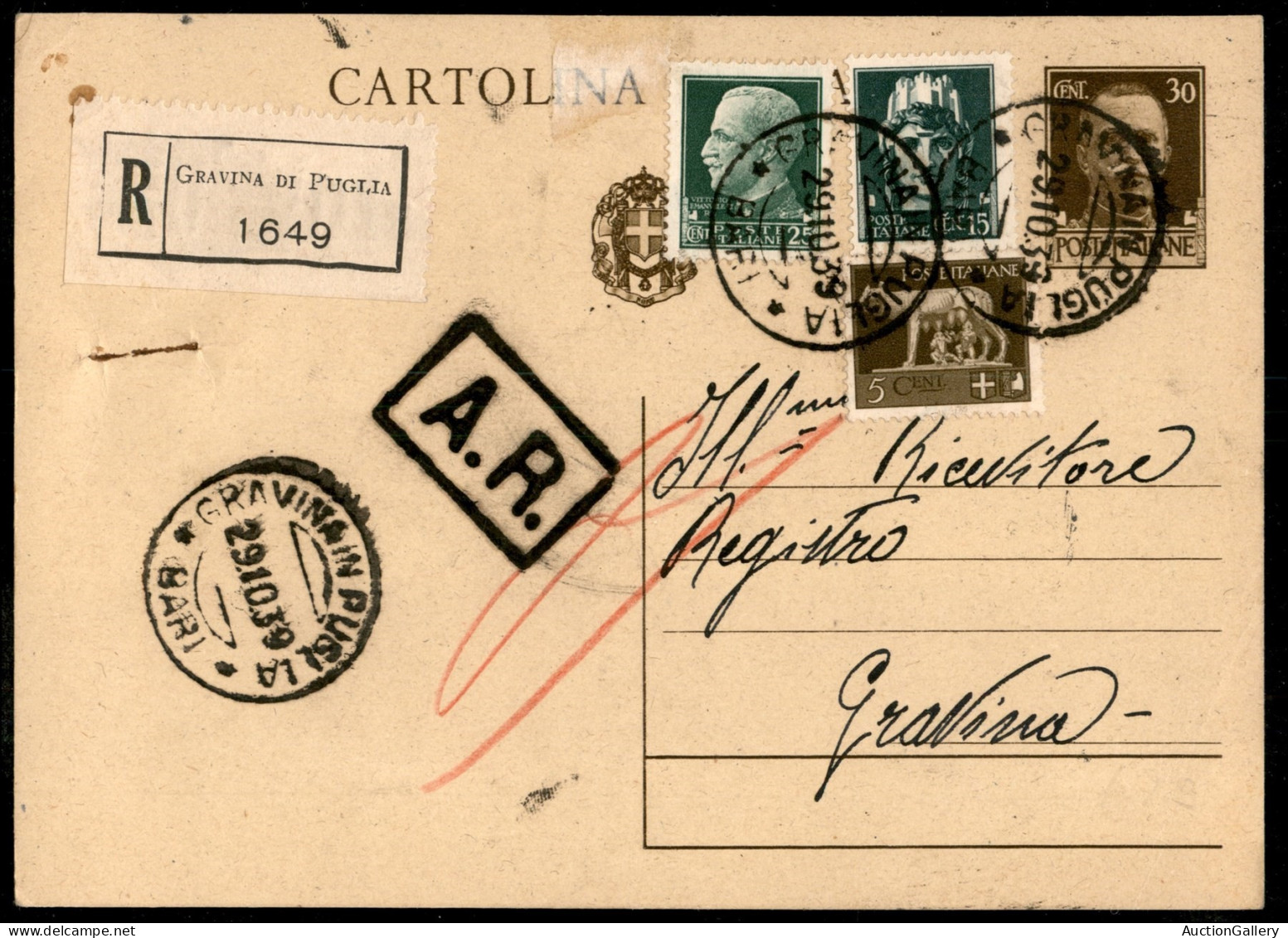 Regno - Interi - Cartolina Postale 30 Cent Imperiale (C80) Raccomandato In Distretto Affrancata Con Imperiale 5 Cent + 1 - Otros & Sin Clasificación