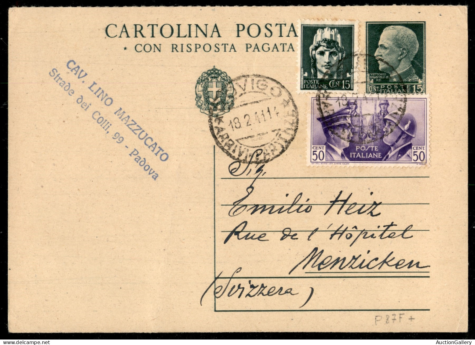 Regno - Interi - Cartolina Postale Con Affrancatura Aggiuntiva Da Rovigo 18.2.41 Per La Svizzera - Andere & Zonder Classificatie