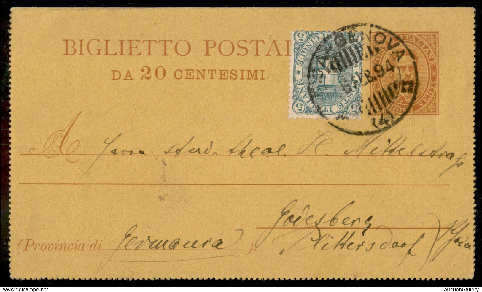 Regno - Interi - Biglietto Postale 20 Cent Per La Germania Affrancato 5 Cent (59) Annullo Ambulante Pisa-Genova 6 Feb. 9 - Other & Unclassified