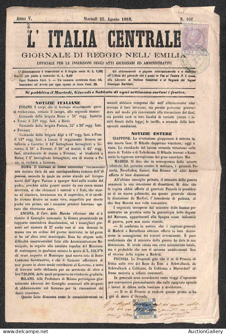 Regno - Documenti/Varie - 1868 - 1 Lira (10) + 1 Lira Riscontro (2) - Intero Giornale L'Italia Centrale - Autres & Non Classés