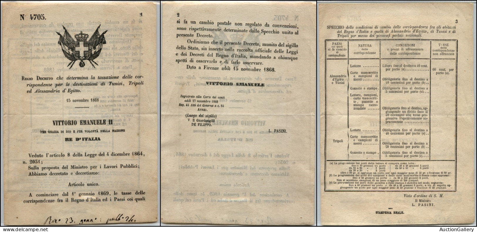 Regno - Documenti/Varie - Regio Decreto 4705 - Firenze 15 Novembre 1868 - Tassazione Delle Corrispondenze Per Tunisi Tri - Andere & Zonder Classificatie