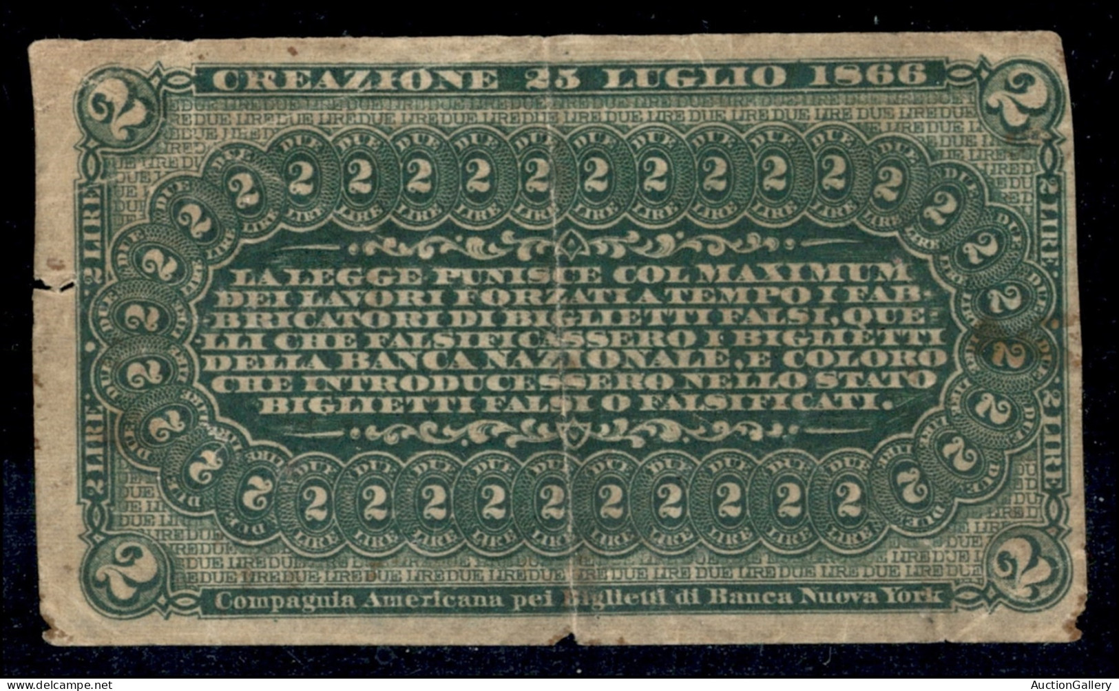 Regno - Documenti/Varie - 1866 (25 Luglio) - 2 Lire Banca Nazionale Nel Regno D'Italia - Autres & Non Classés