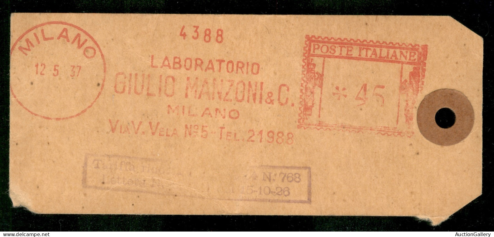 Regno - Documenti/Varie - Affrancatura Meccanica Rossa Da 45 Cent Laboratorio Giulio Manzoni Milano Su Talloncino Saggio - Otros & Sin Clasificación