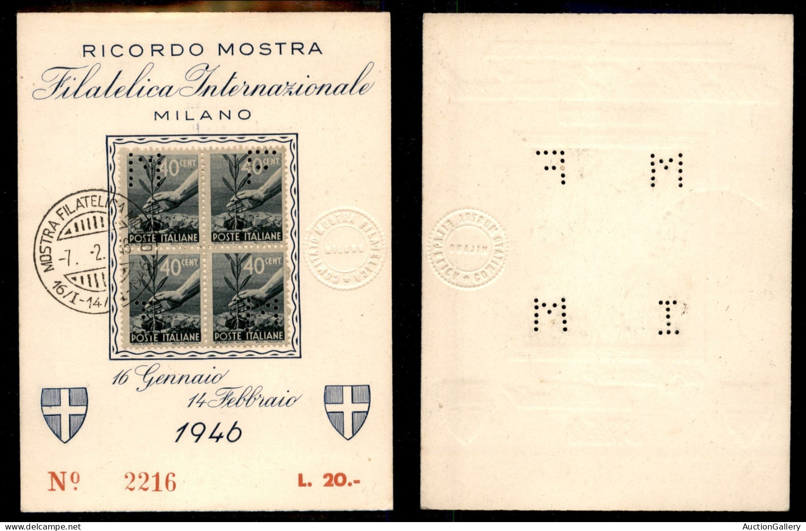 Regno - Documenti/Varie - 1946 - 20 Lire - Milano/Ricordo Mostra Filatelica Internazionale - Cartoncino Ricordo - Other & Unclassified