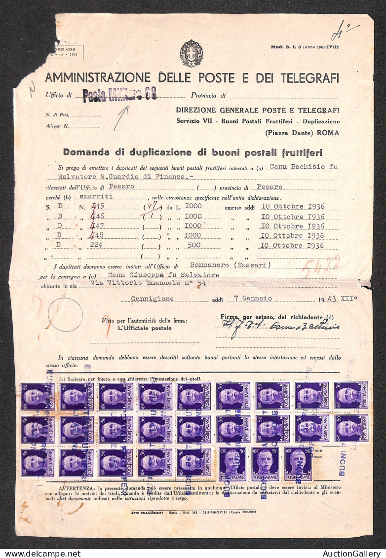 Regno - Documenti/Varie - Buoni Fruttiferi Postali Duplicazione A Tampone Su 26 Pezzi Del 50 Cent (251) - Intero Modulo  - Andere & Zonder Classificatie